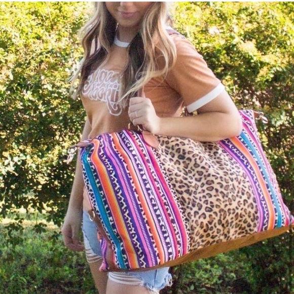 LLK Handbags - LAST ONE: Trendy cow leopard print colorful stripe overnight XL duffel bag